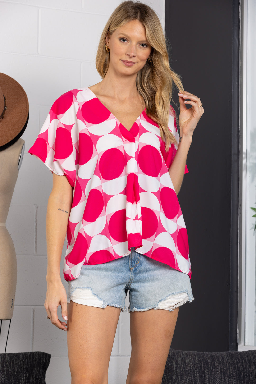 PINK V-NECK DOLMAN SHORT SLEEVES TOP-TC12598NPA