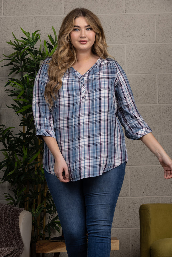 PLAID PULLOVER 3/4 SLEEVE TUNIC PLUS SIZE TOP