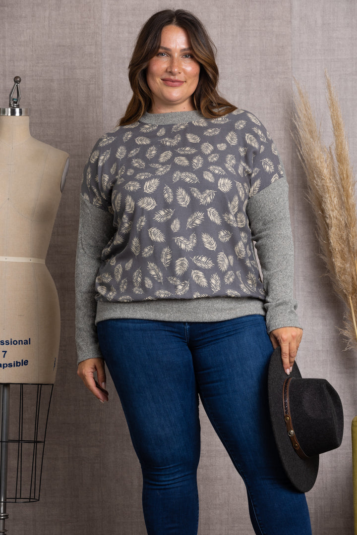 GREY LEAVES PRINT RIB CONTRAST PLUS SIZE TOP-TP1952