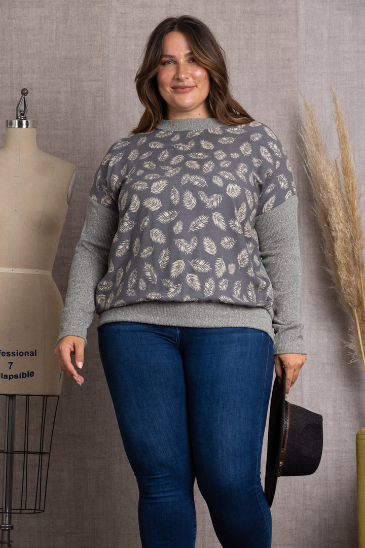 GREY LEAVES PRINT RIB CONTRAST PLUS SIZE TOP-TP1952