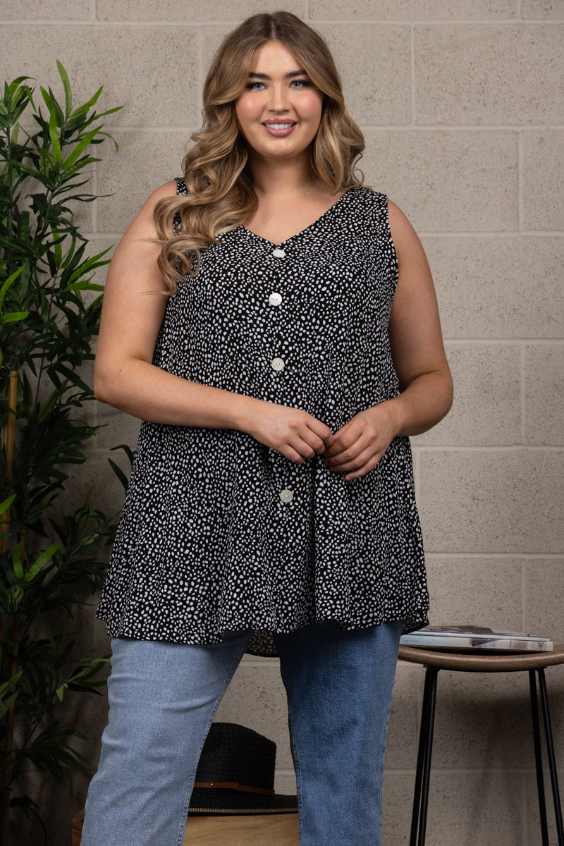 BLACK ANIMAL PRINT BUTTON DOWN DETAILED SLEEVELESS PLUS SIZE TOP T6063