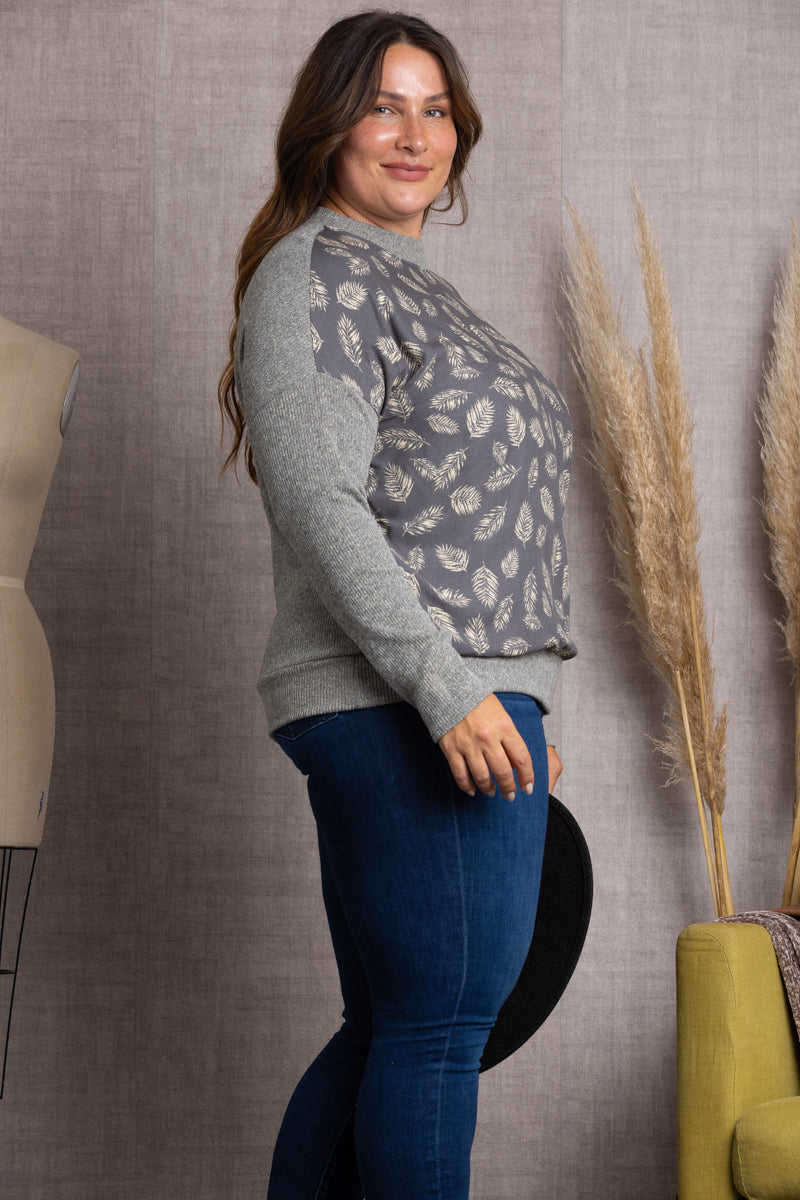 GREY LEAVES PRINT RIB CONTRAST PLUS SIZE TOP-TP1952