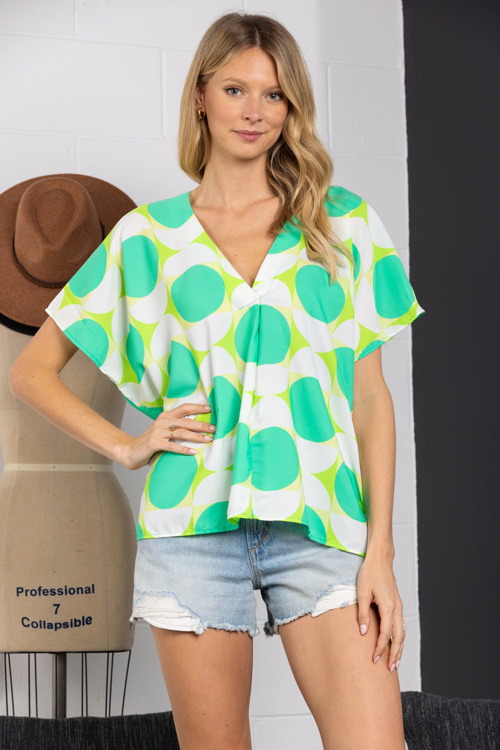 GREEN V-NECK DOLMAN SHORT SLEEVES TOP-TC12598NPA