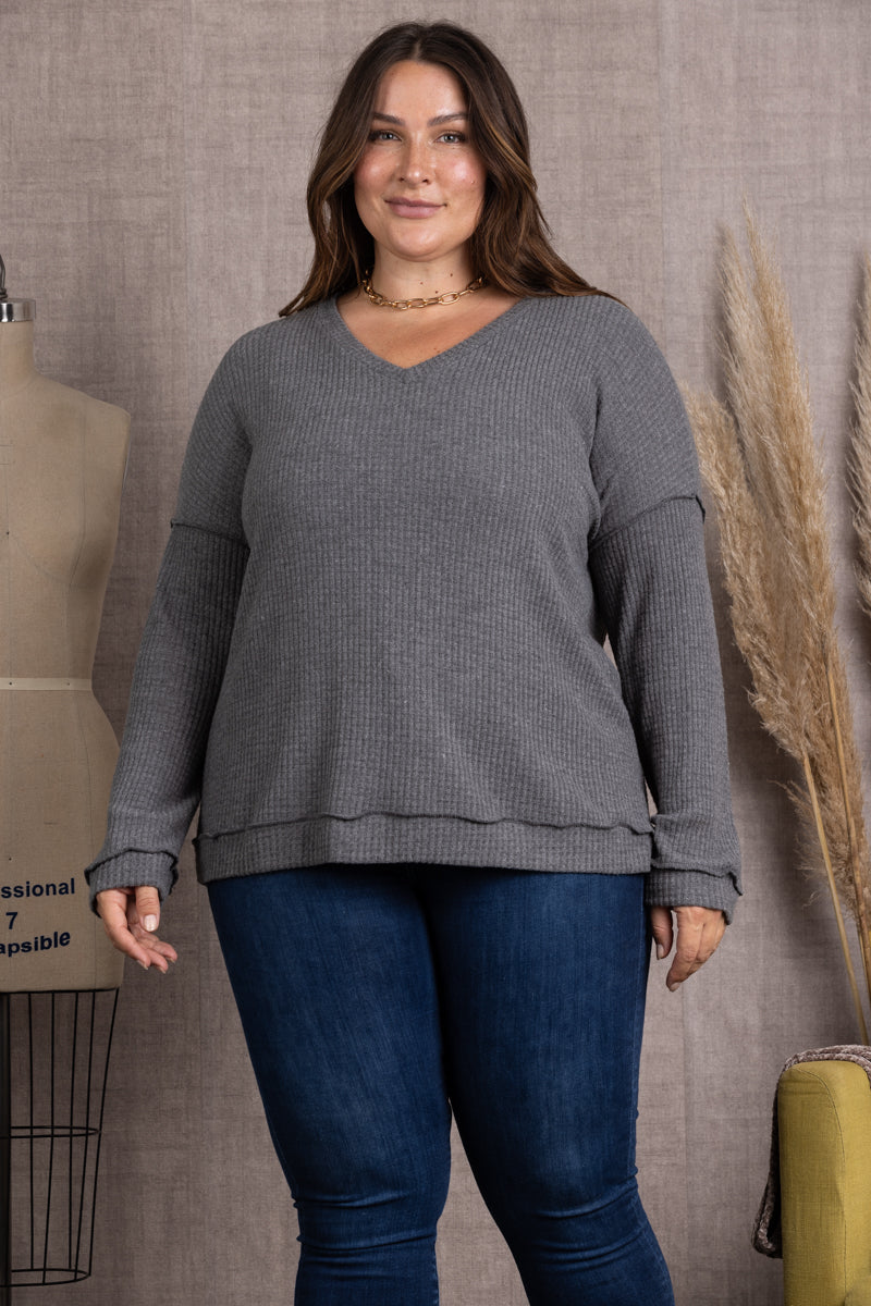 CHARCOAL RIBBED KNIT LONG SLEEVES PLUS SIZE TOP M5044P