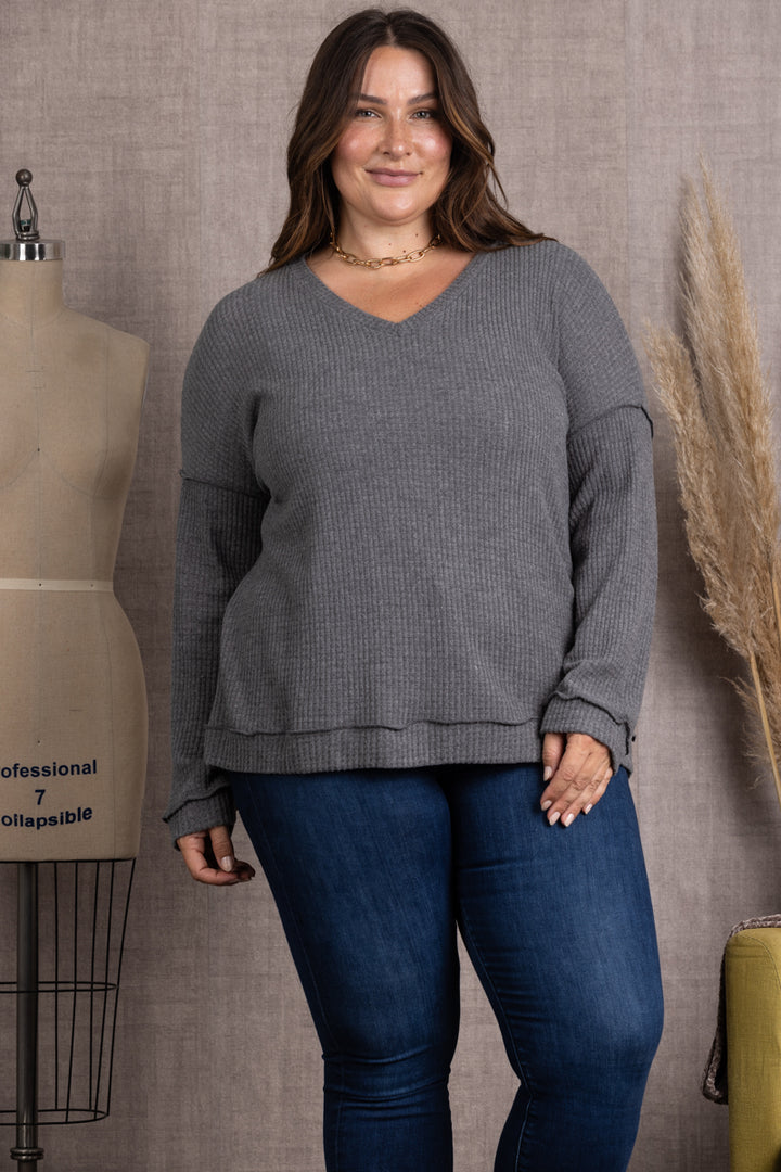 CHARCOAL RIBBED KNIT LONG SLEEVES PLUS SIZE TOP M5044P