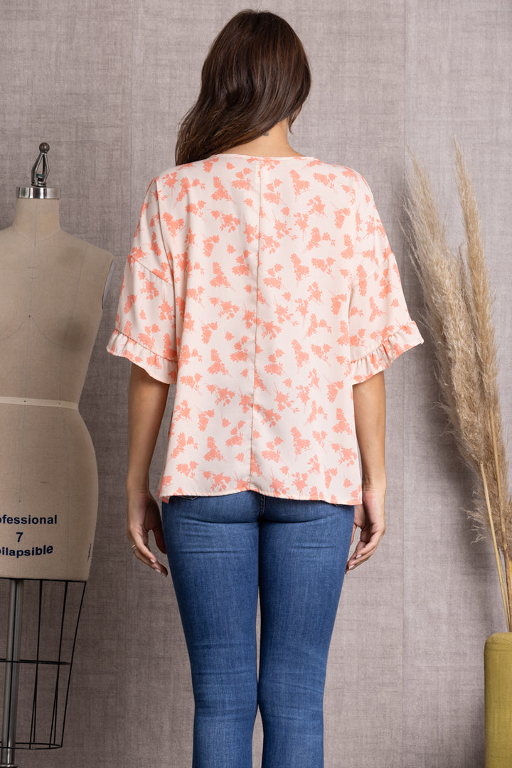 PEACH FLORAL PRINT BELL SHORT SLEEVE TOP-T2029