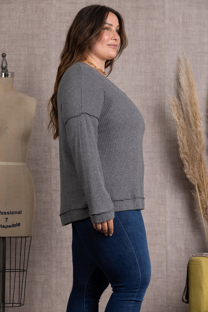 CHARCOAL RIBBED KNIT LONG SLEEVES PLUS SIZE TOP M5044P