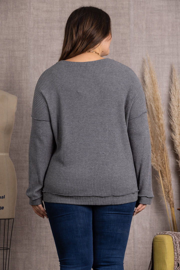 CHARCOAL RIBBED KNIT LONG SLEEVES PLUS SIZE TOP M5044P