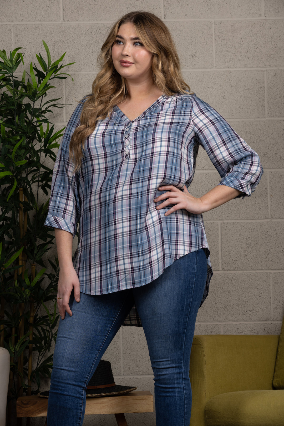 PLAID PULLOVER 3/4 SLEEVE TUNIC PLUS SIZE TOP