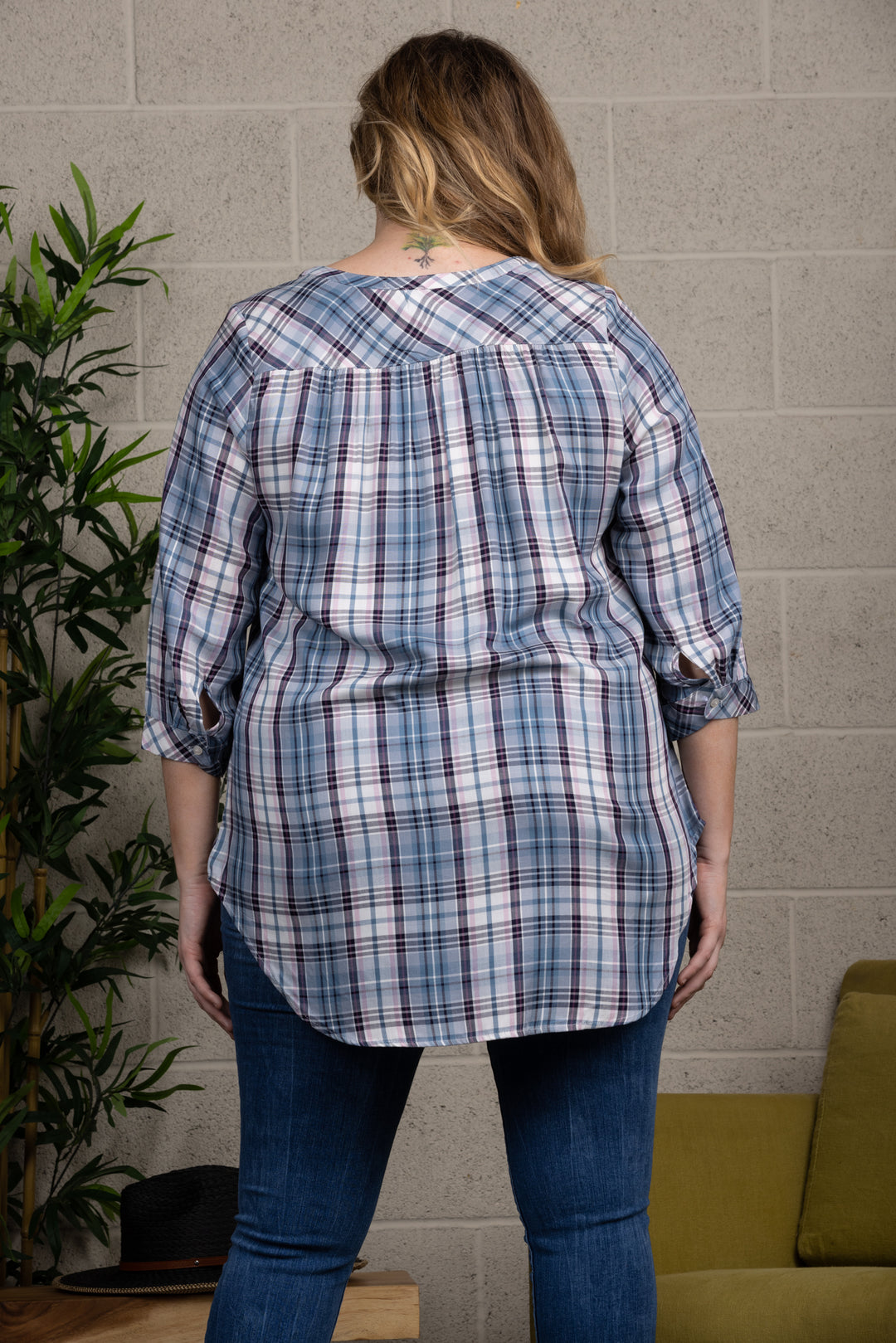 PLAID PULLOVER 3/4 SLEEVE TUNIC PLUS SIZE TOP