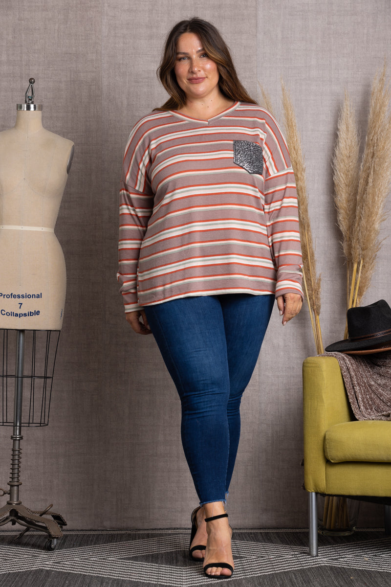 TP1947-Wholesale CAMEO ROSE MULTI COLOR STRIPES W/SILVER SEQUINS PATCH POCKET PLUS SIZE TOP