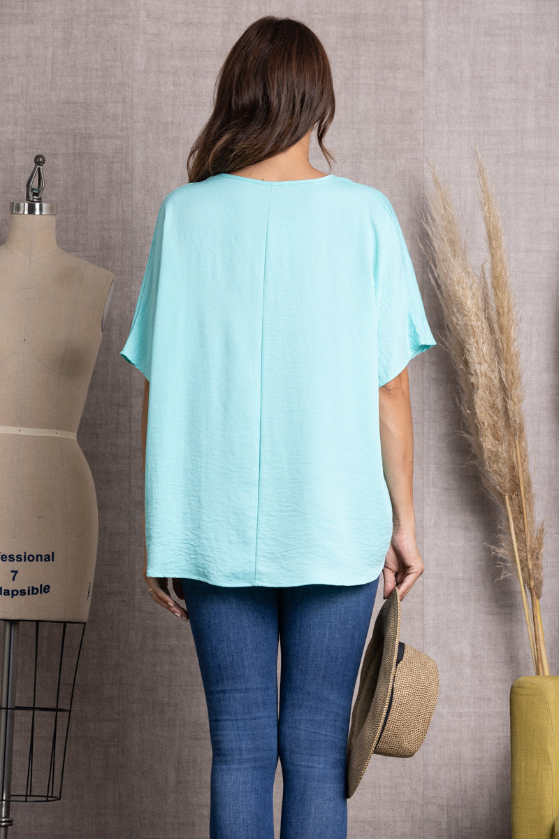 AQUA SOLID V-NECK SHORT SLEEVE LOOSE FIT TUNIC TOP-ST11475