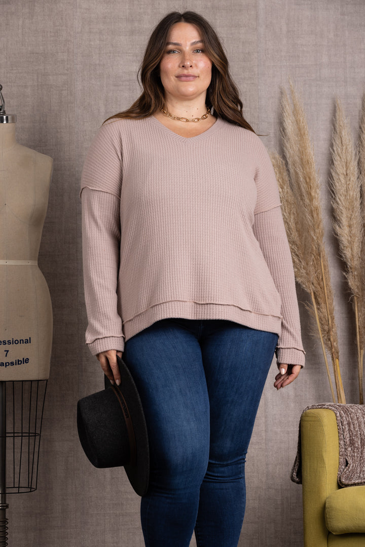 TAUPE RIBBED KNIT LONG SLEEVES PLUS SIZE TOP M5044P