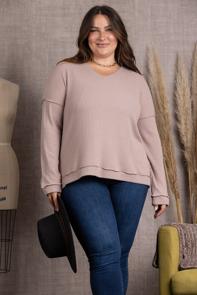 TAUPE RIBBED KNIT LONG SLEEVES PLUS SIZE TOP M5044P