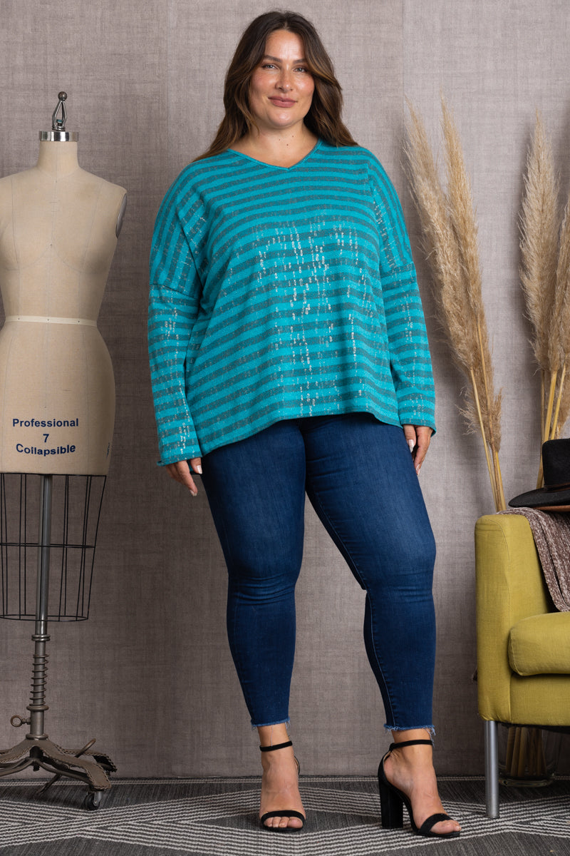 AQUA BLUE OCEAN BLUE STRIPPED & SPARKLED ALL OVER PLUS SIZE TOP-B5570X