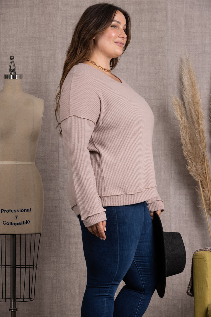 TAUPE RIBBED KNIT LONG SLEEVES PLUS SIZE TOP M5044P