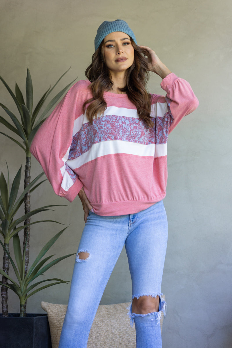 PINK FLORAL PRINT ACCENT LONG SLEEVE TOP-TJ10890