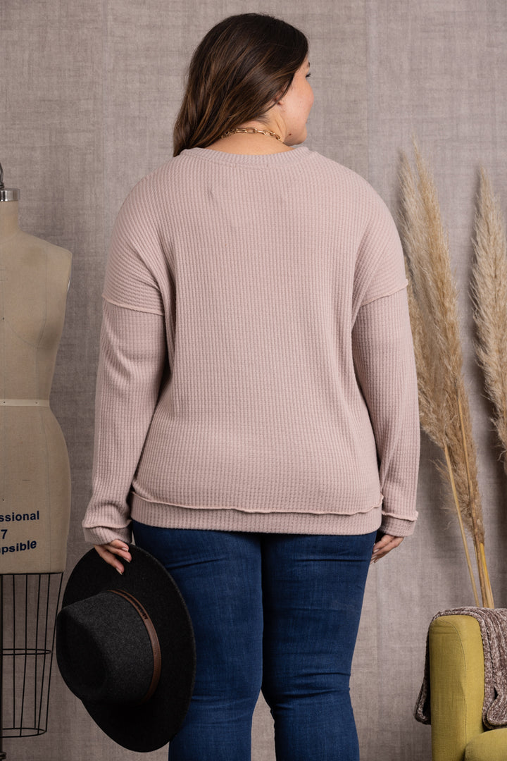 TAUPE RIBBED KNIT LONG SLEEVES PLUS SIZE TOP M5044P