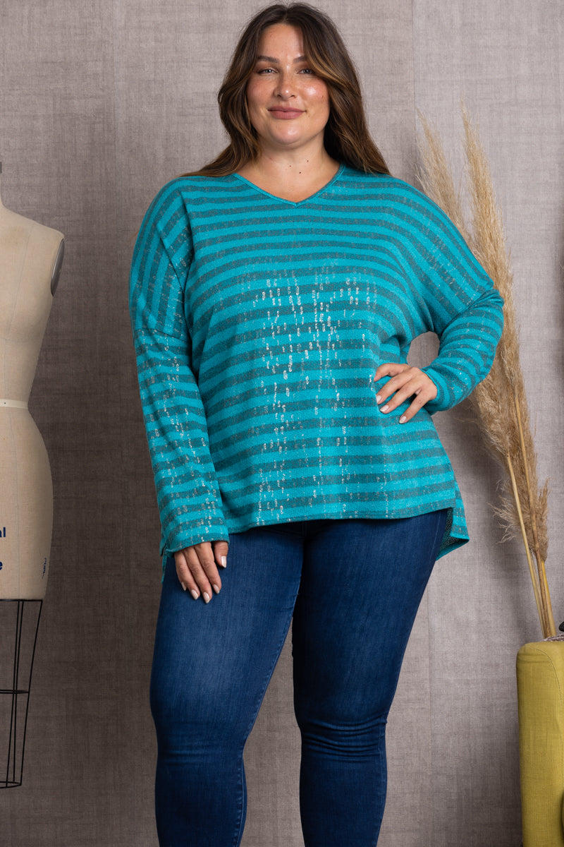 B5570X-Wholesale AQUA BLUE OCEAN BLUE STRIPPED & SPARKLED ALL OVER PLUS SIZE TOP