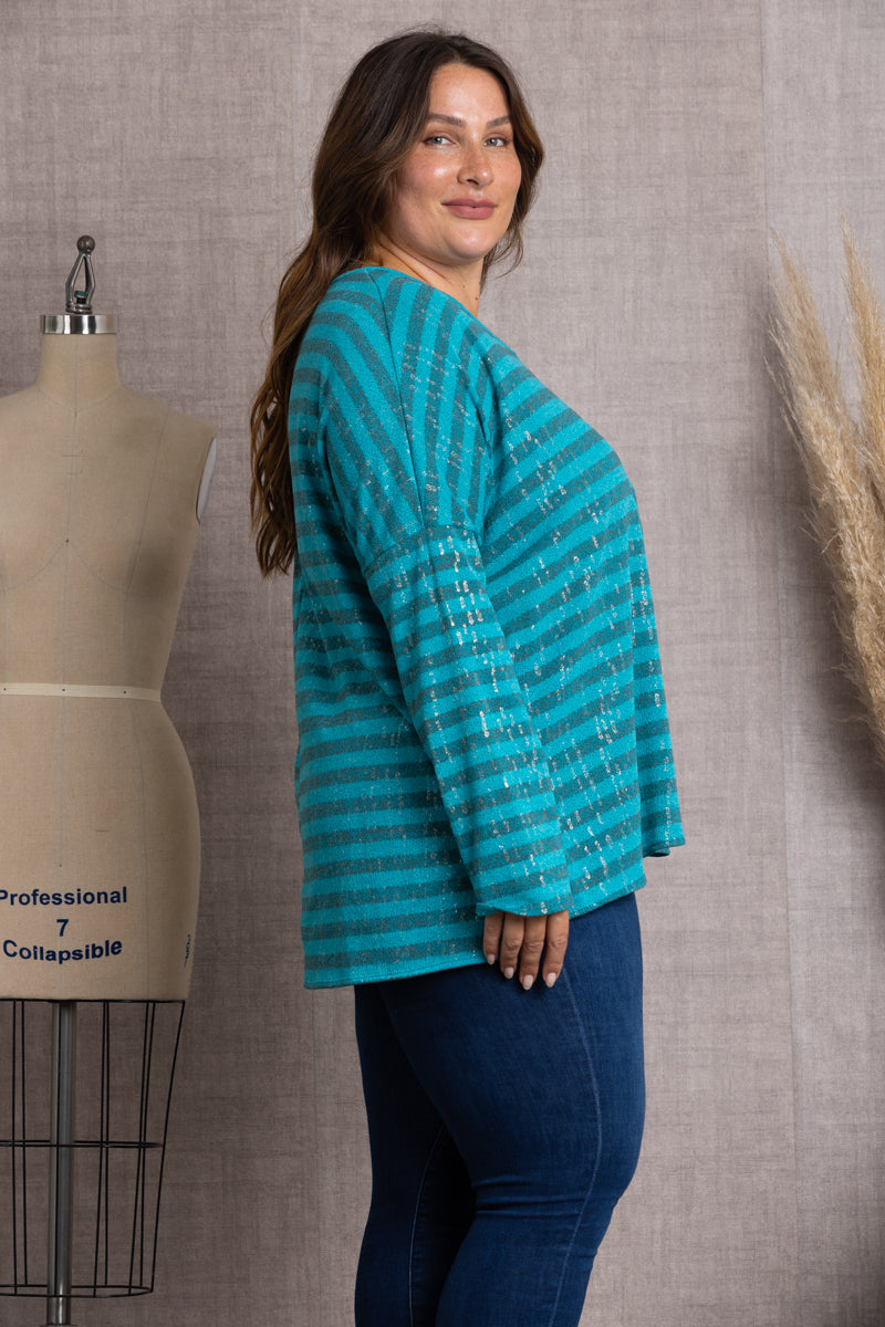 AQUA BLUE OCEAN BLUE STRIPPED & SPARKLED ALL OVER PLUS SIZE TOP-B5570X