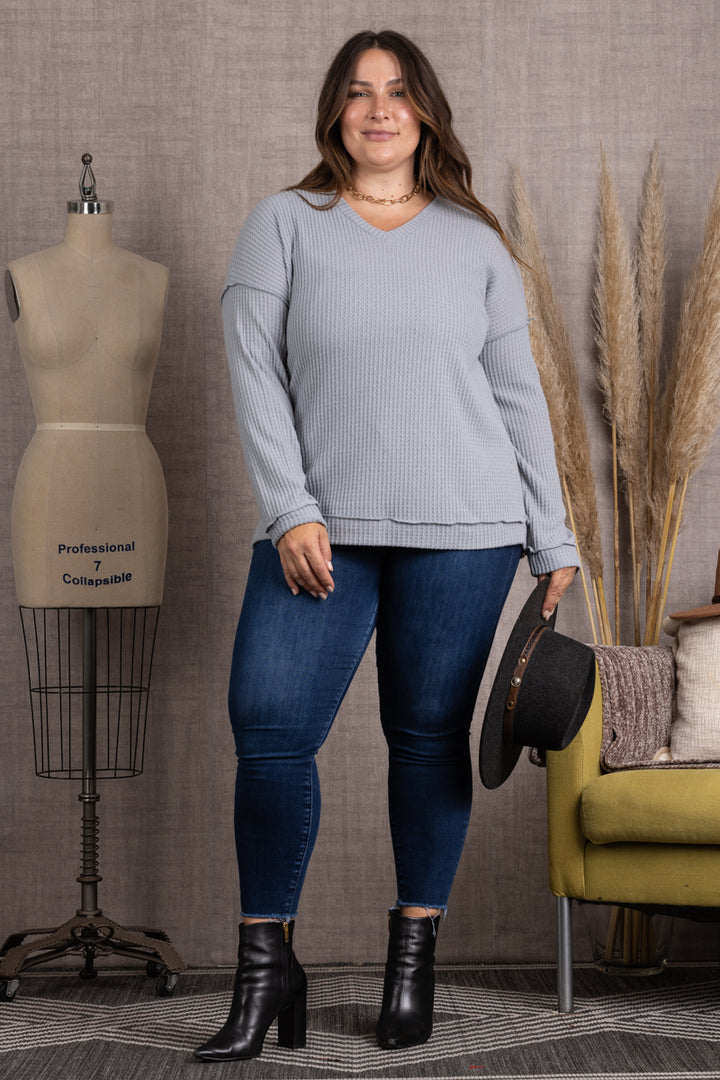 M5044P-Wholesale STEEL RIBBED KNIT LONG SLEEVES PLUS SIZE TOP