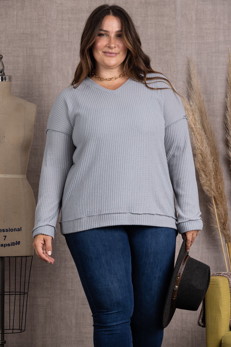 STEEL RIBBED KNIT LONG SLEEVES PLUS SIZE TOP M5044P