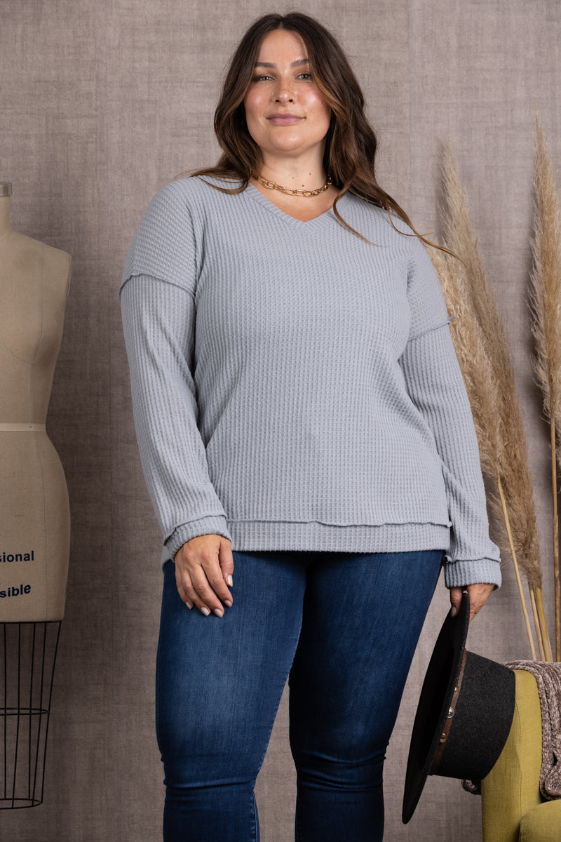 STEEL RIBBED KNIT LONG SLEEVES PLUS SIZE TOP M5044P