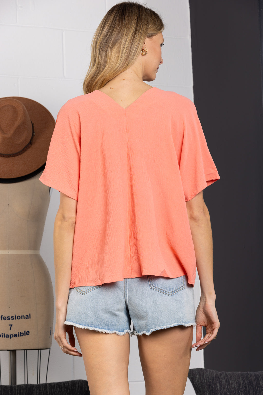 CORAL RUCHED V-NECK DOLMAN SLEEVES TOP-TC12603SA