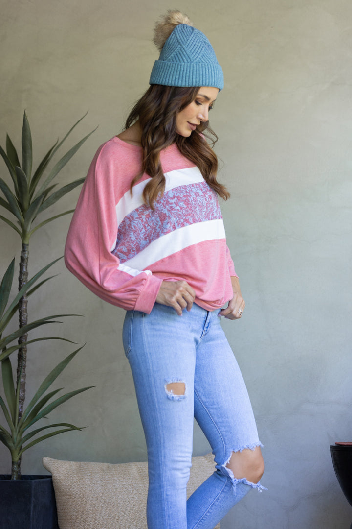 PINK FLORAL PRINT ACCENT LONG SLEEVE TOP-TJ10890