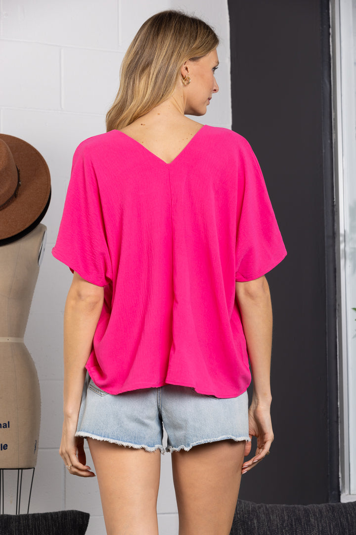 HOT PINK RUCHED V-NECK DOLMAN SLEEVES TOP TC12603SA