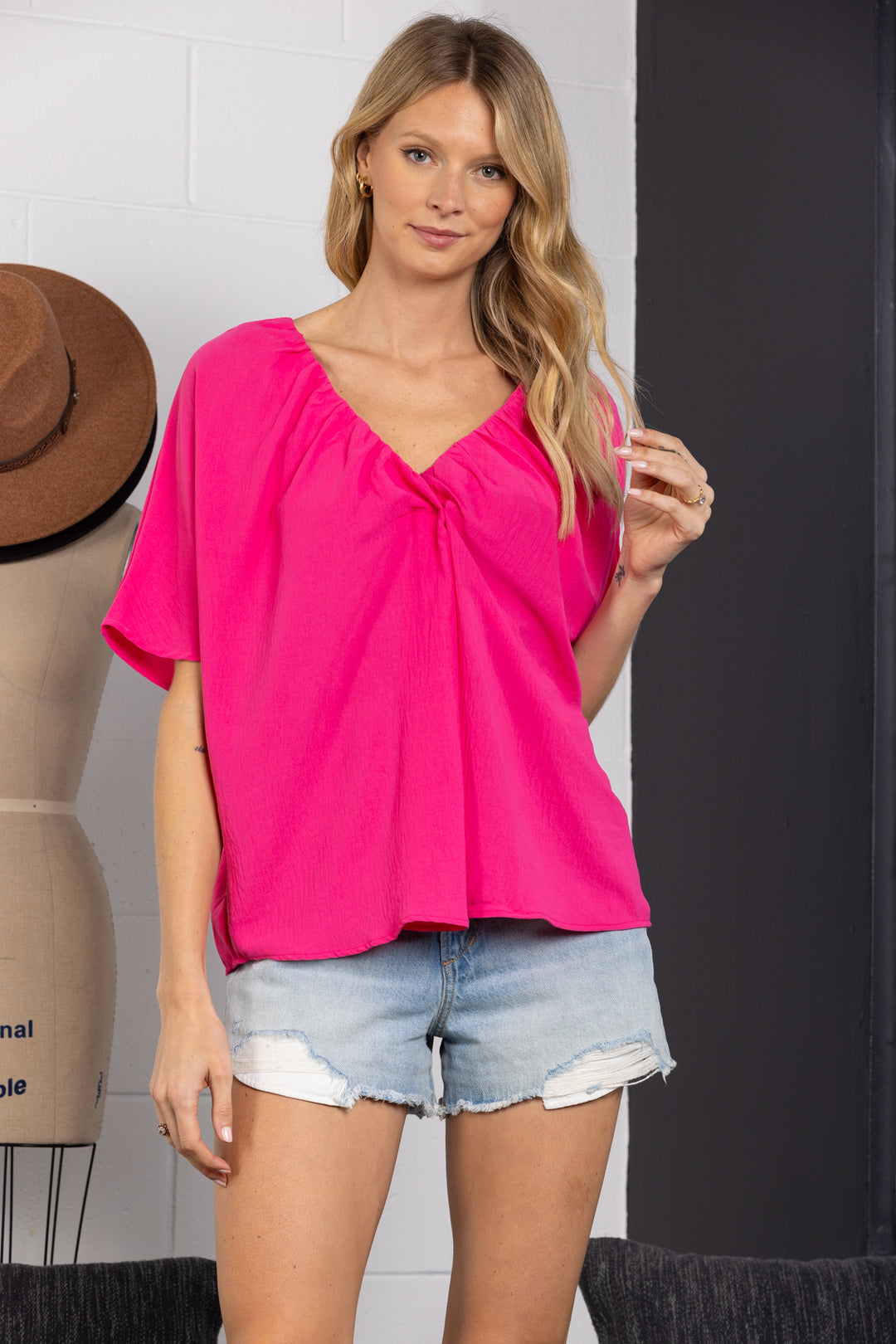 HOT PINK RUCHED V-NECK DOLMAN SLEEVES TOP TC12603SA