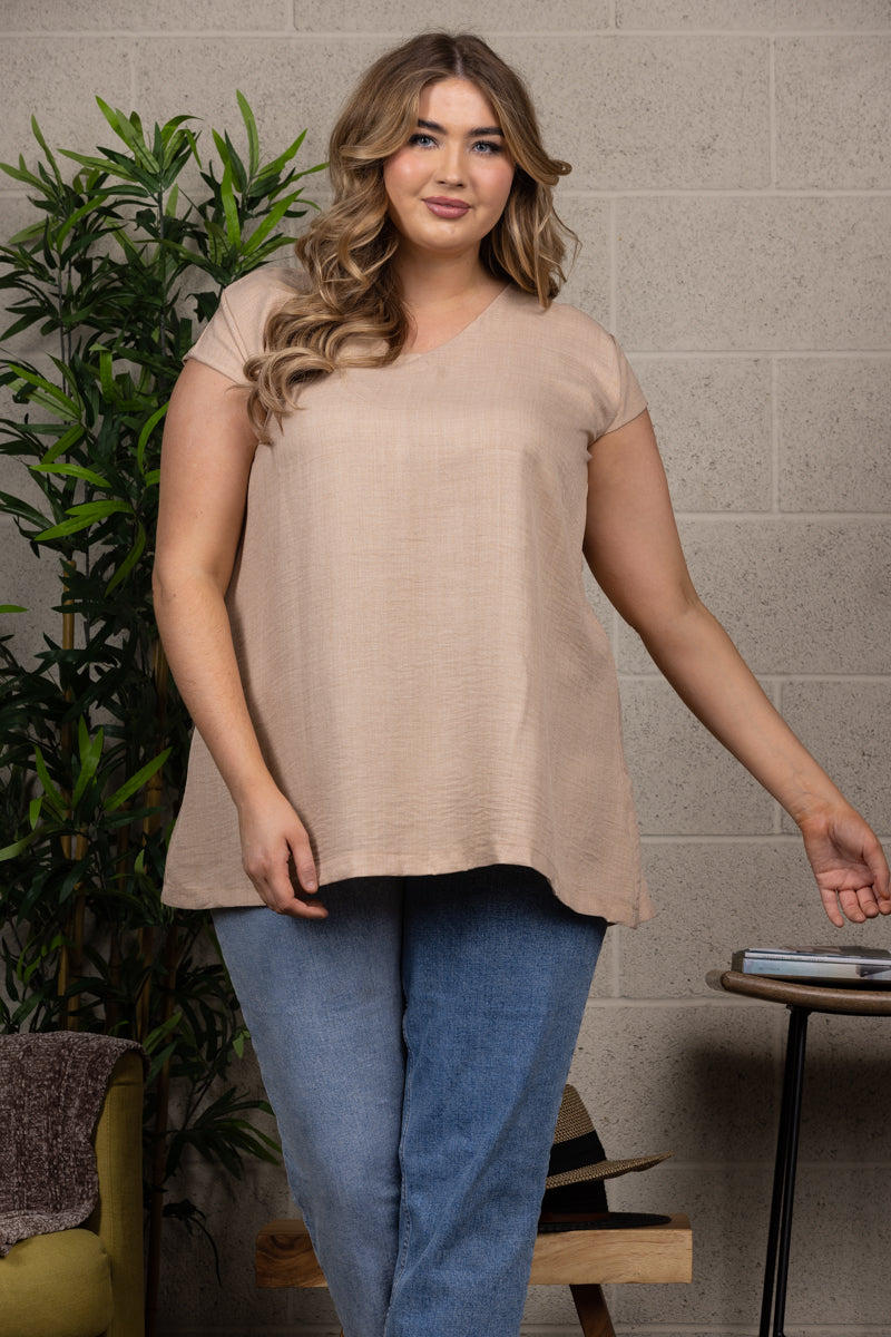 BEIGE V-NECK CAP SLEEVES PLUS SIZE TOP T3573