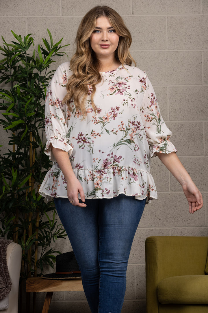 SILHOUETTE FLORAL PRINT RUFFLED SLEEVES AND HEM PLUS SIZE TOP