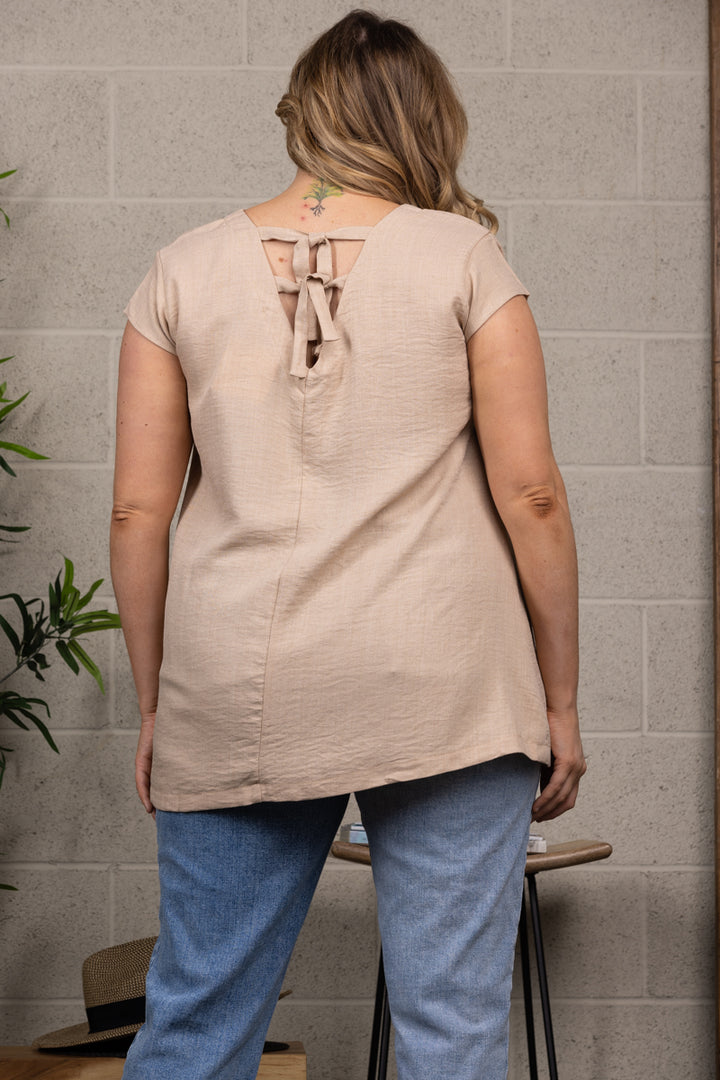 BEIGE V-NECK CAP SLEEVES PLUS SIZE TOP T3573