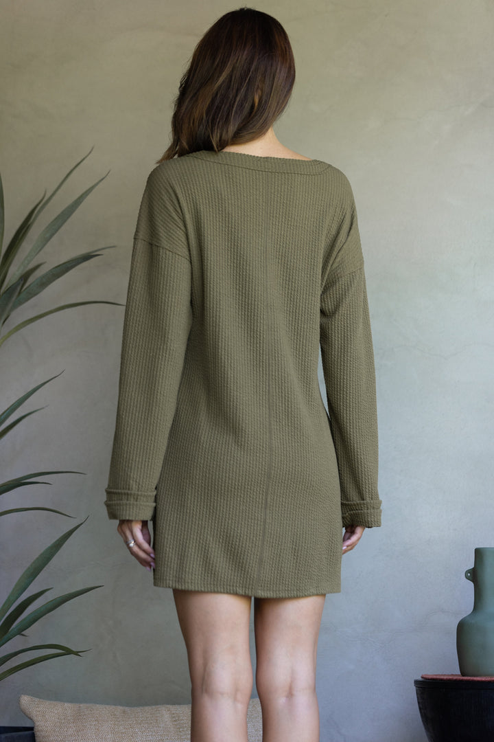 OLIVE RIBBED KNIT LONG SLEEVES MINI DRESS-ND30196