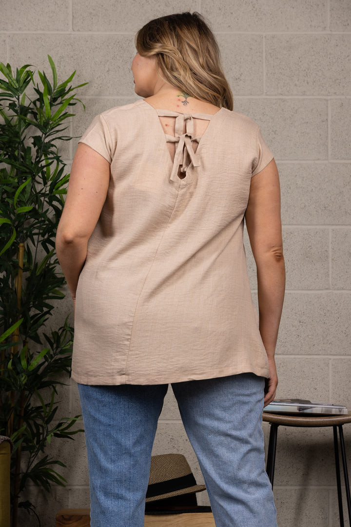 BEIGE V-NECK CAP SLEEVES PLUS SIZE TOP T3573