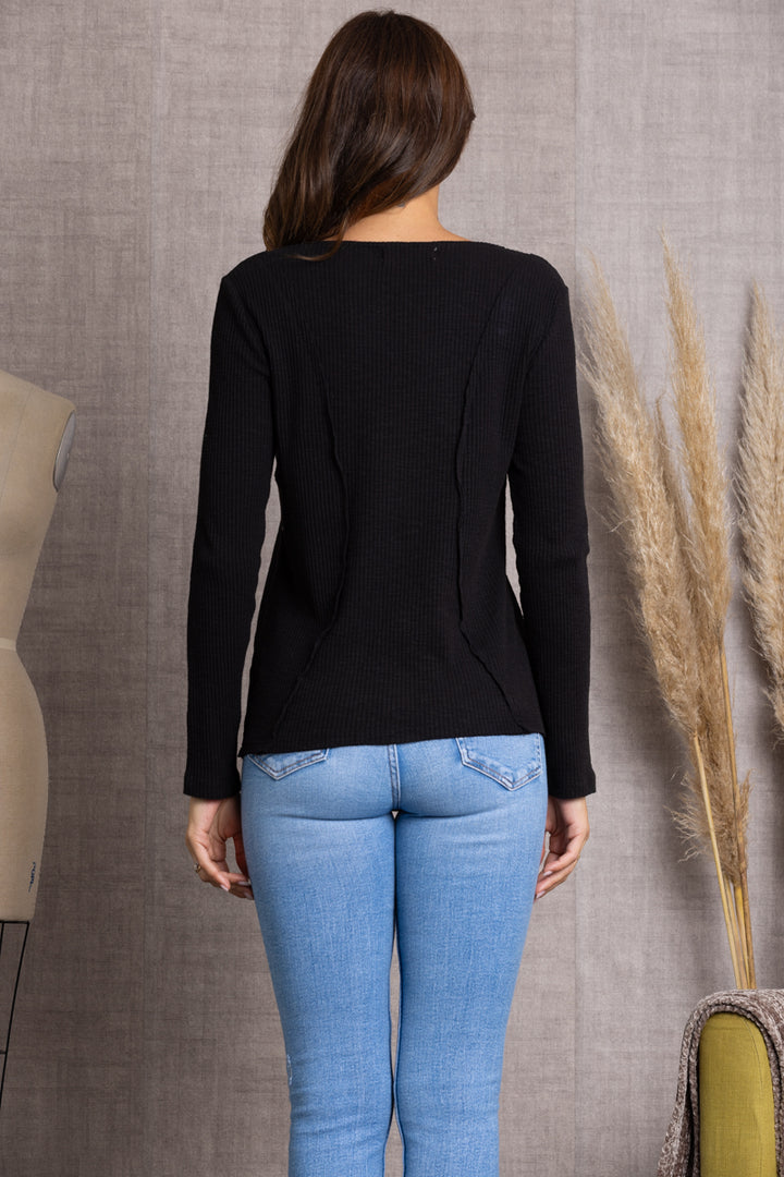 RAVEN BLACK RIBBED KNIT BUTTON DOWN LONG SLEEVE TOP-TAT368