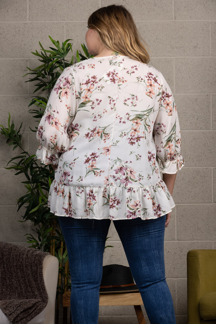 SILHOUETTE FLORAL PRINT RUFFLED SLEEVES AND HEM PLUS SIZE TOP