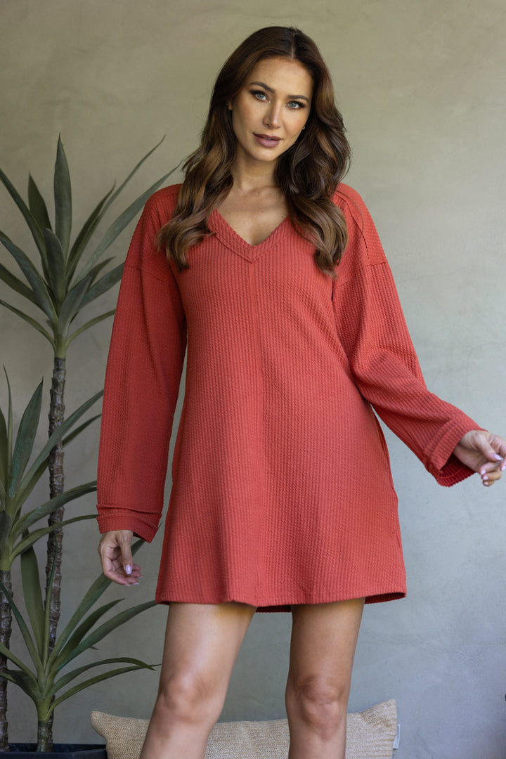 RUST RIBBED KNIT LONG SLEEVES MINI DRESS-ND30196