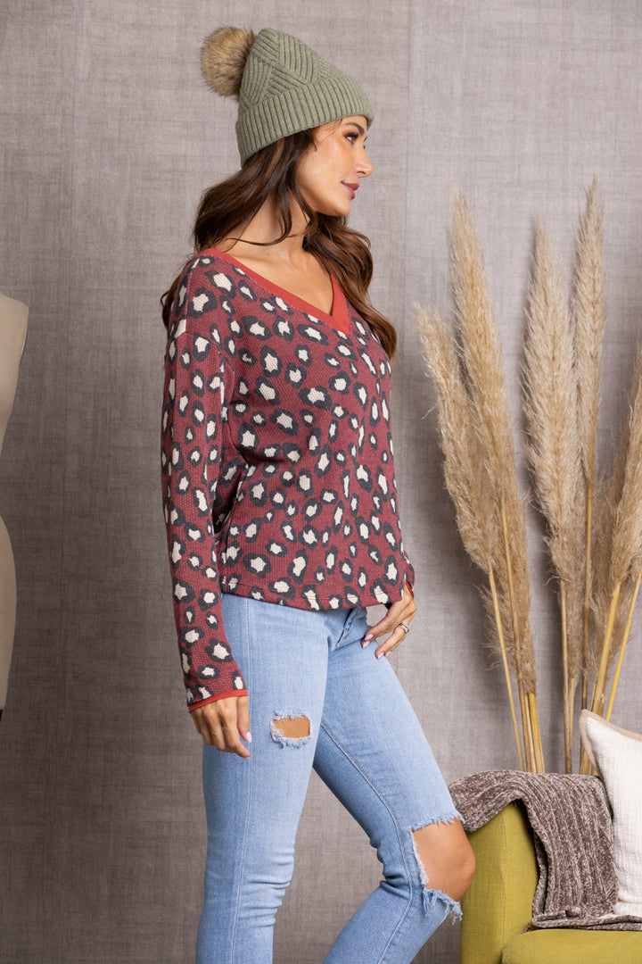 BURGUNDY CHEETAH PRINT LACE-UP BACK KNIT TOP TY10840