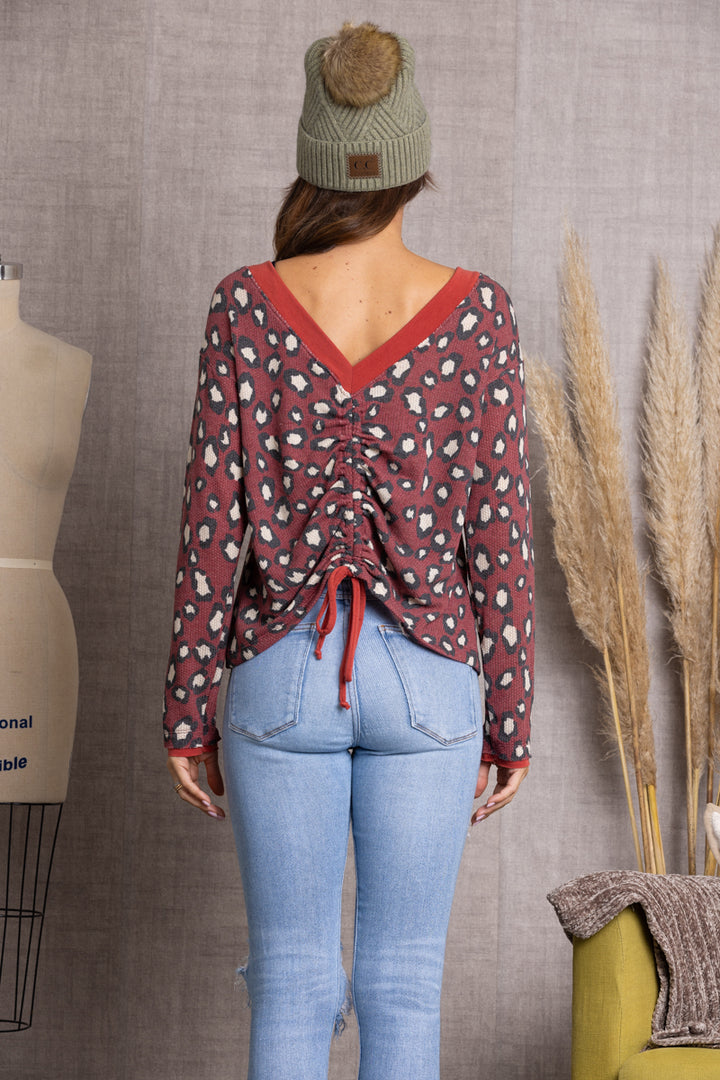 BURGUNDY CHEETAH PRINT LACE-UP BACK KNIT TOP TY10840