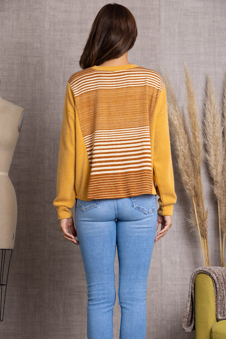 MUSTARD STRIPPED CUFF LONG SLEEVES SWEATER TK10962PA