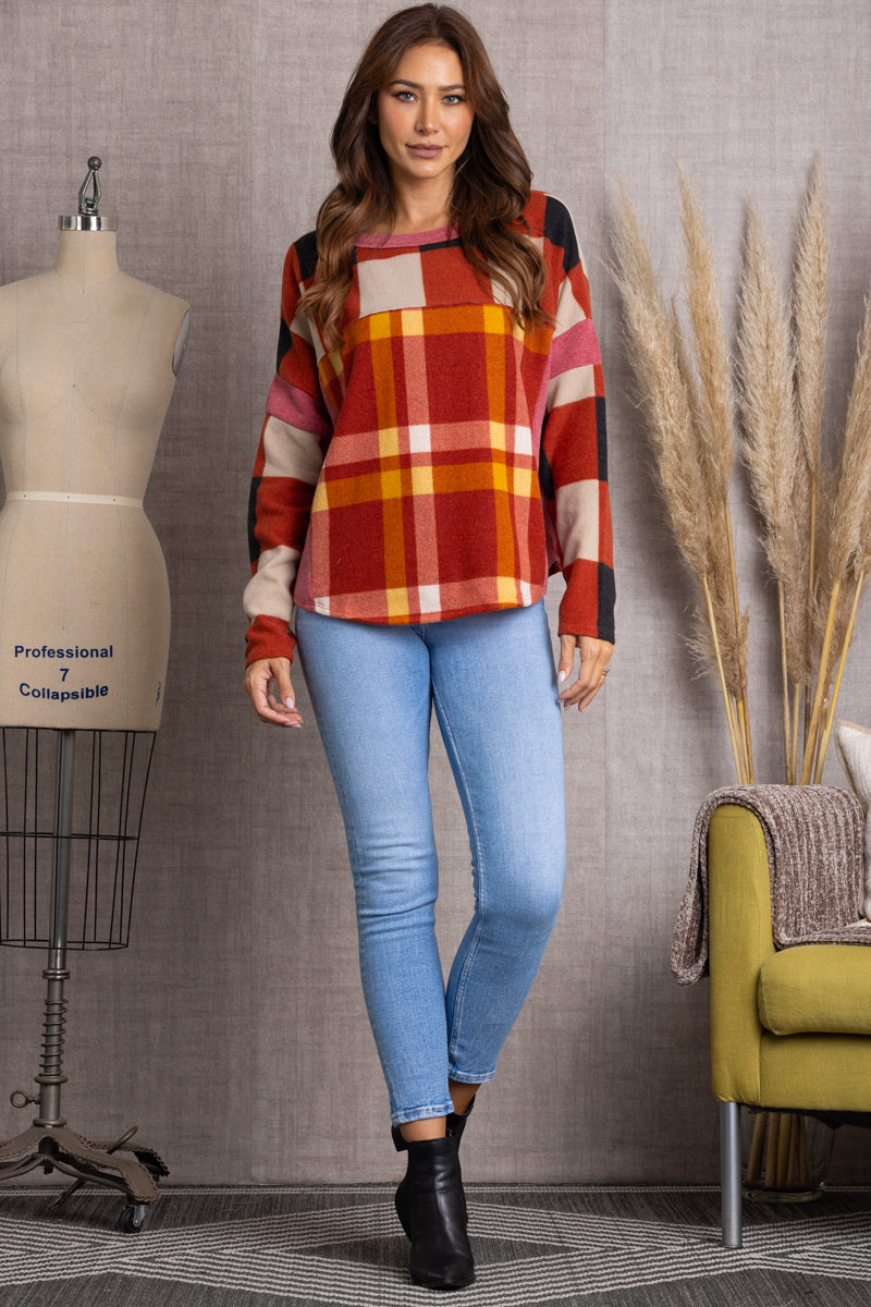 TJ10939PA-Wholesale RUST MULITOCOLOR PLAID LONG SLEEVES SWEATER