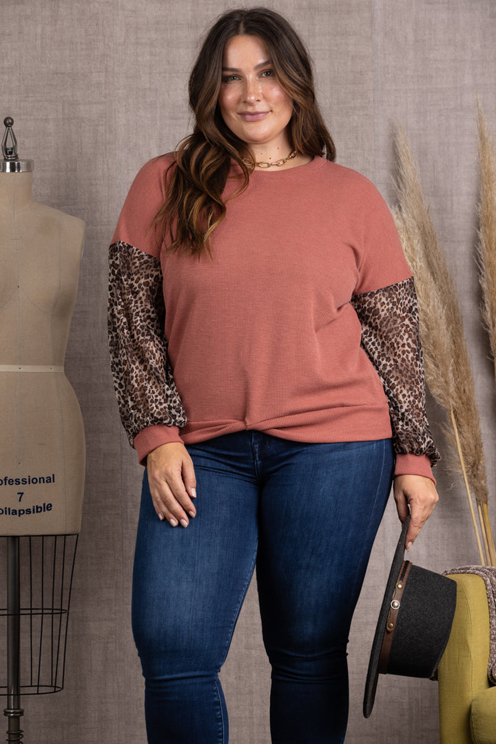 MAUVE ANIMAL  PRINT RIB STITCH CONTRAST PLUS SIZE TOP TP2016