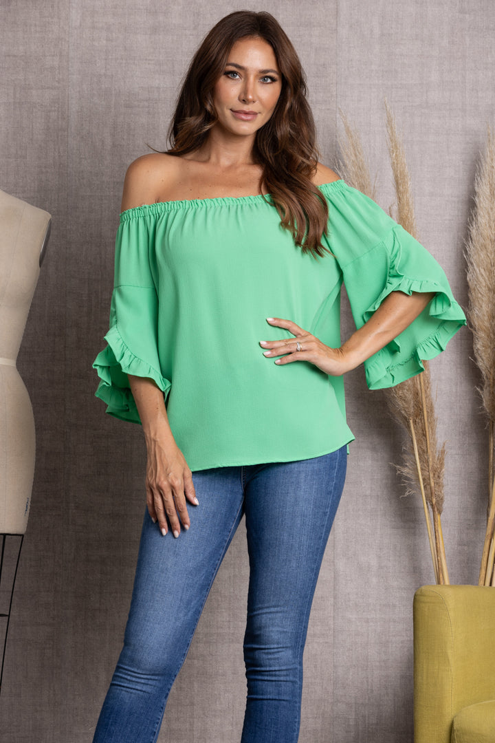 ST11459-SPEARMINT RUFFLE SLEEVE OFF THE SHOULDER TOP-SW22 (1 S - 2 M - 2 L - 1 XL)