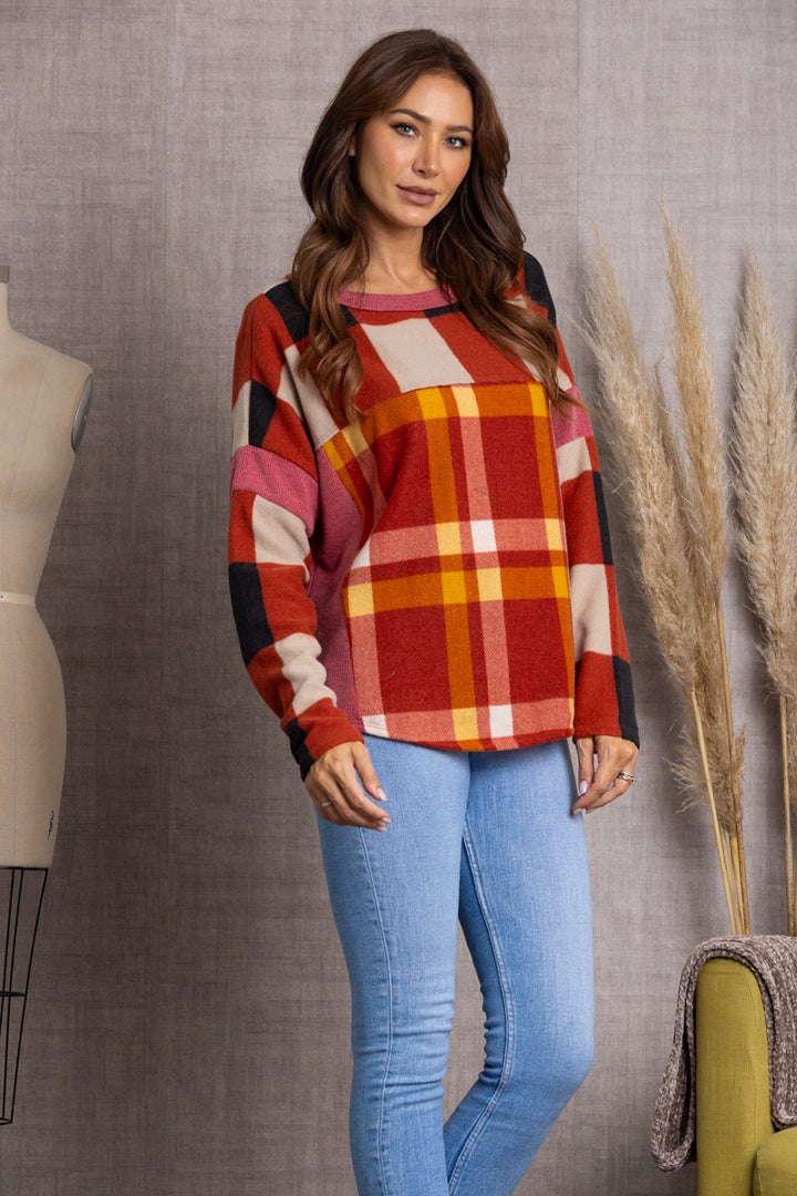 RUST MULITICOLOR PLAID LONG SLEEVES SWEATER TJ10939PA