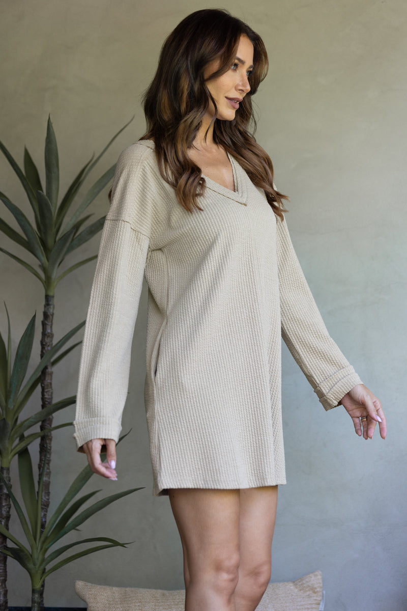 TAUPE RIBBED KNIT LONG SLEEVES MINI DRESS-ND30196