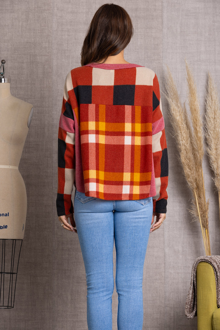 RUST MULITICOLOR PLAID LONG SLEEVES SWEATER TJ10939PA