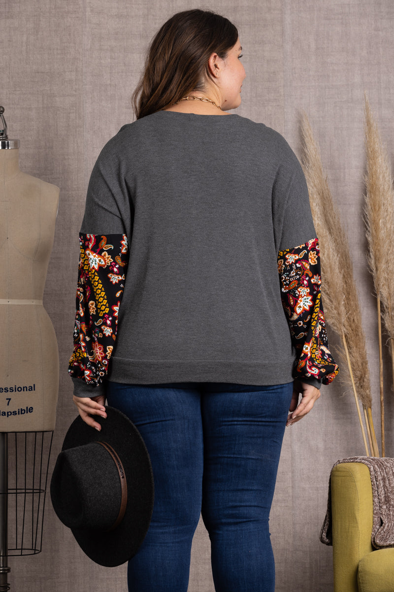 CHARCOAL PAISLEY PRINT RIB STITCH CONTRAST PLUS SIZE TOP-TP2016