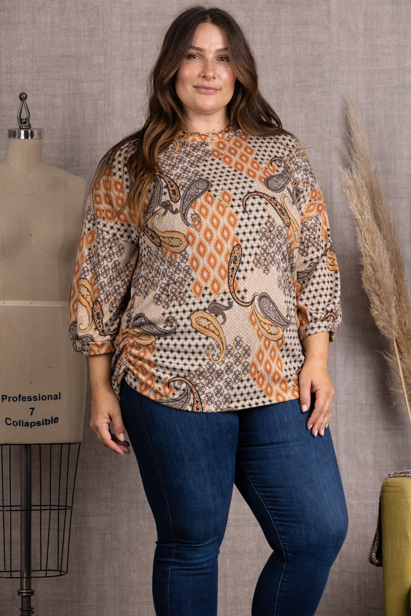 TP2014-Wholesale TAUPE PAISLEY PRINT DOLMAN LONG SLEEVES PLUS SIZE TOP